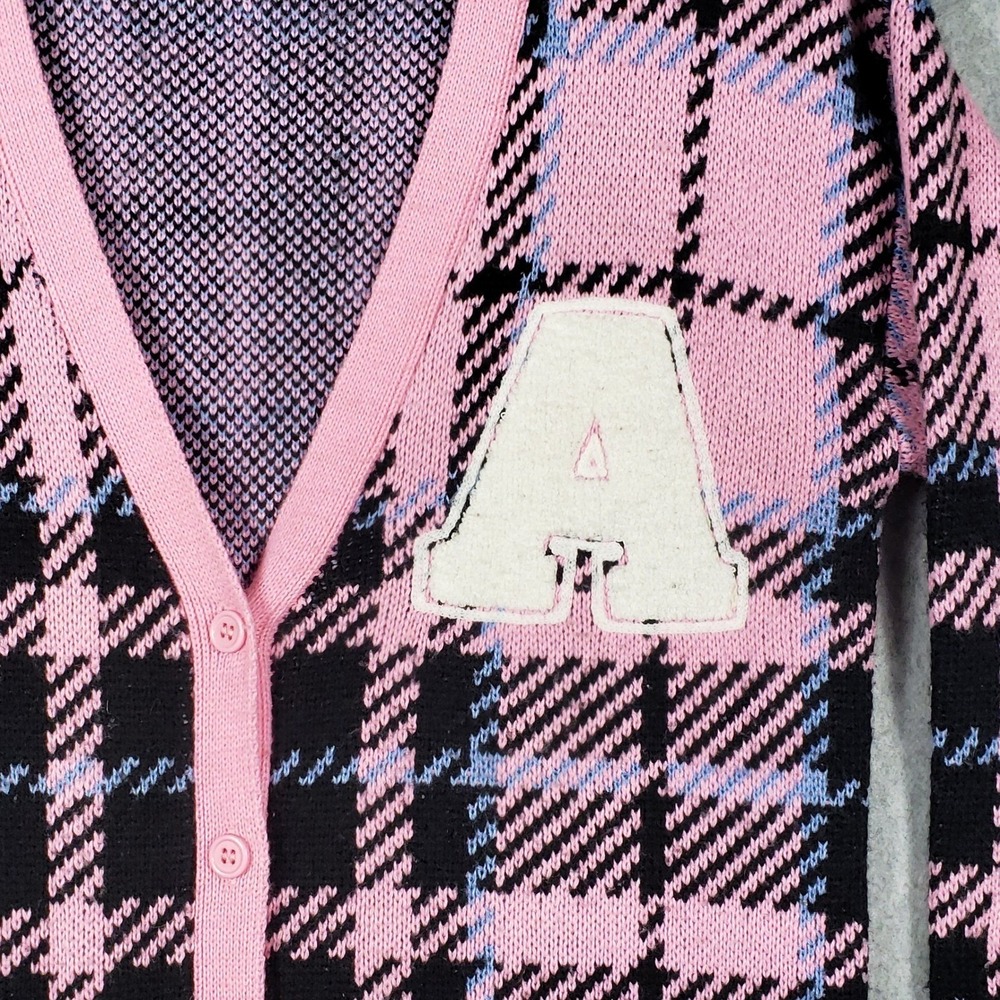 Forever 21 Plaid Cardigan S Pink Black Button Up Sweater Barbiecore Preppy Y2K - Picture 7 of 10